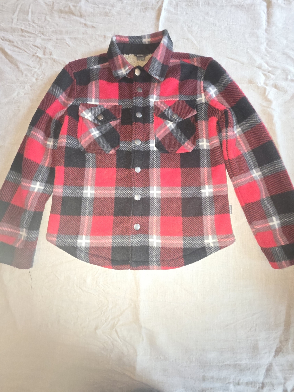 Eddie Bauer Red & Black Plaid Button-Front Kids Shirt Fleece Sherpa Lined Jacket
